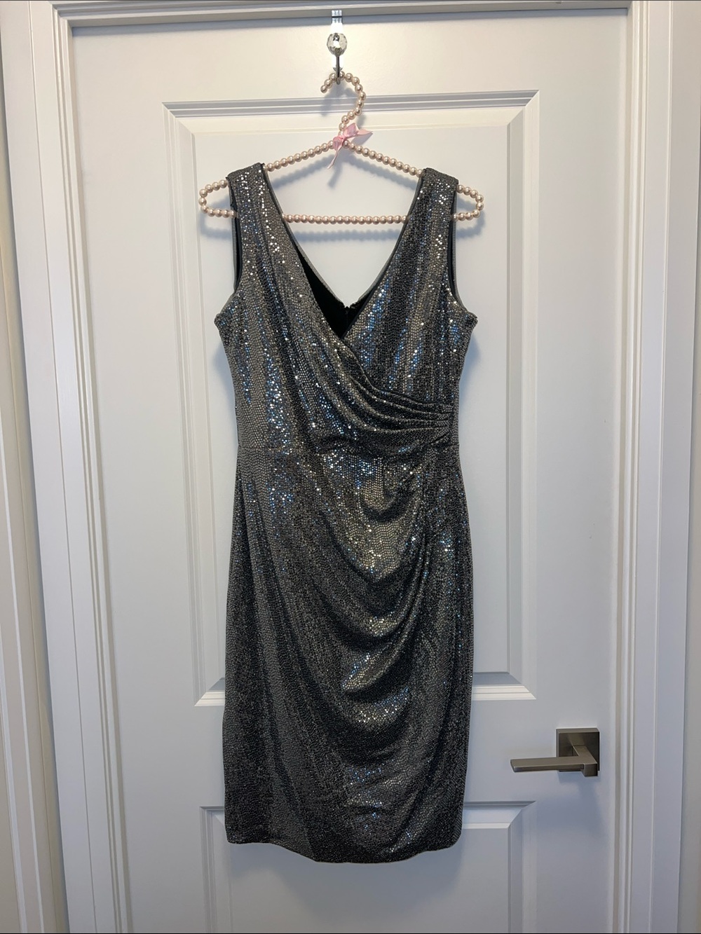 Betsy & Adam Silver Sequin V-Neck Midi Dress